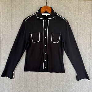 90s Vintage Max Studio Black Stretch Knit w/ White Piping Button Front Shirt
